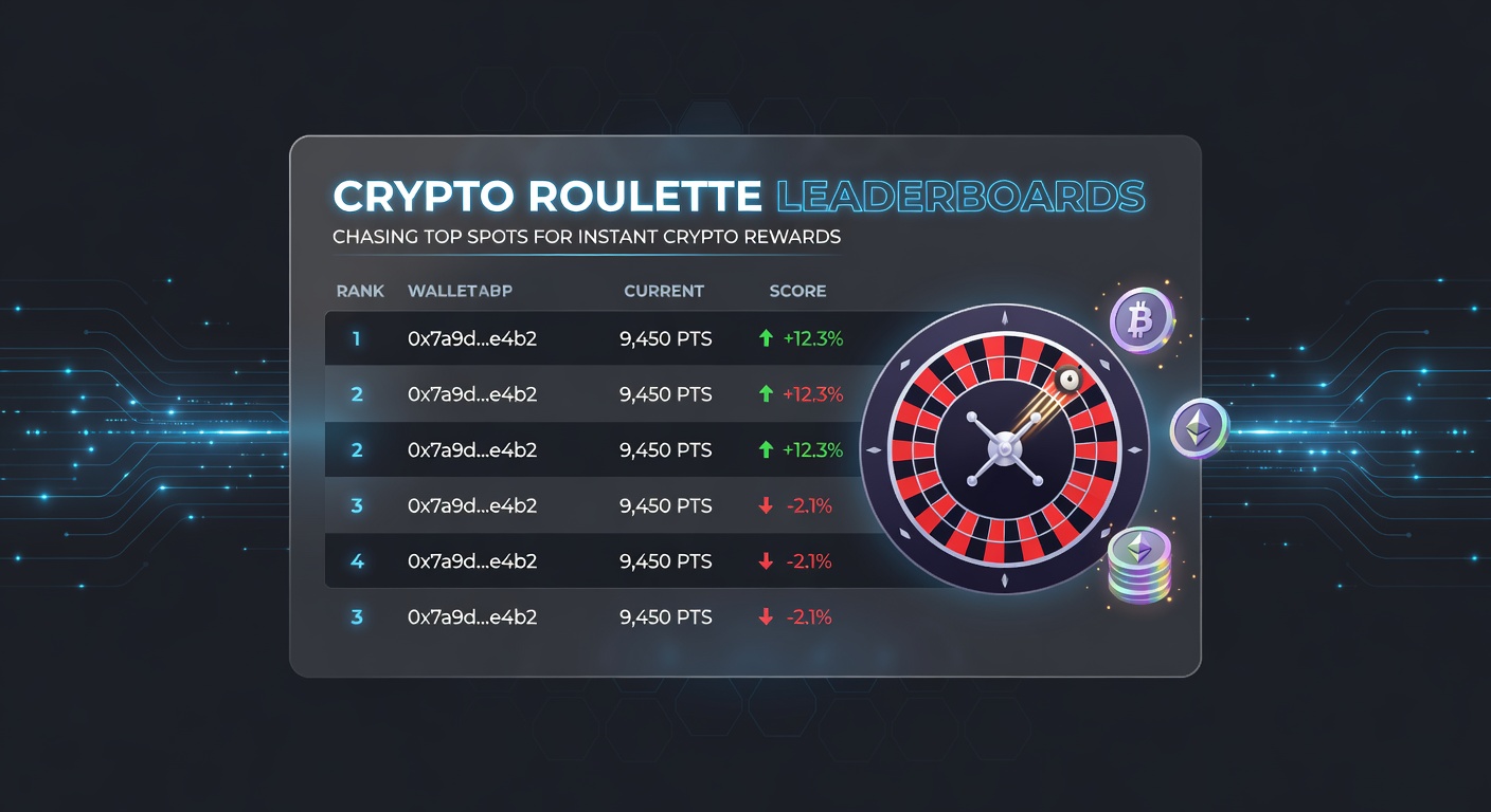 Spieler vor einem Bildschirm mit Roulette-Leaderboard, Krypto-Wallet im Hintergrund und aufsteigenden Ranglisten