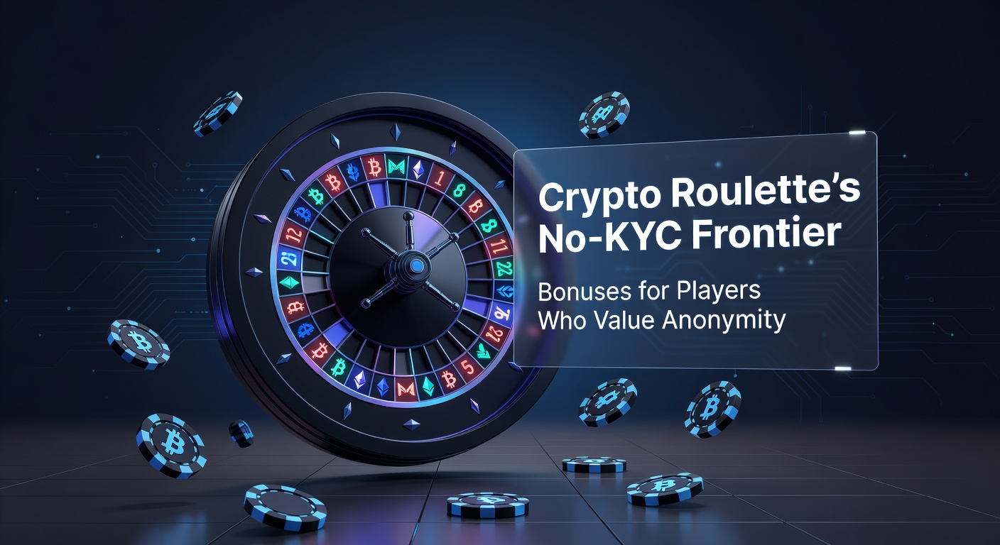 Ein digitales Roulette-Rad mit Kryptowährungs-Symbolen und einem Schild für Anonymität, das die Welt der No-KYC-Casinos symbolisiert
