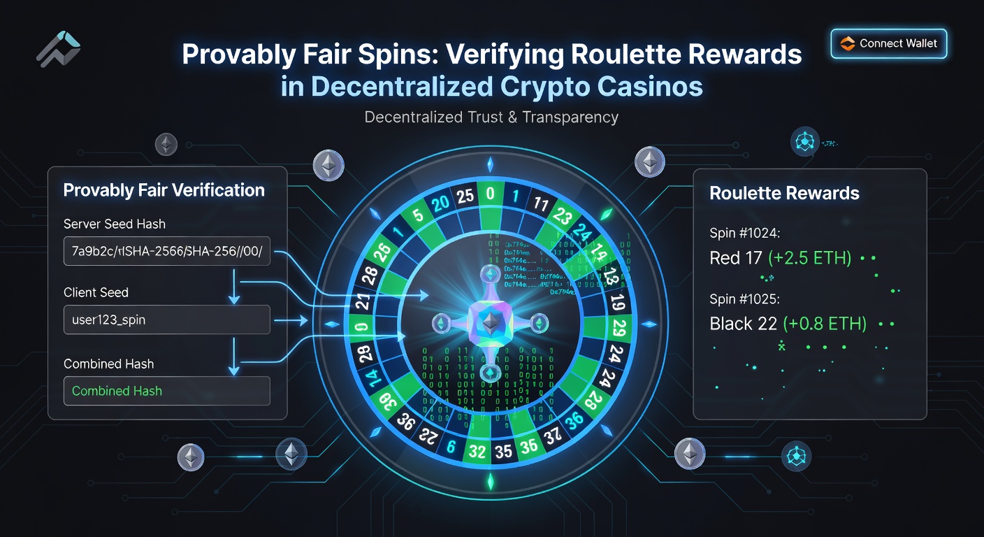 Detaillierte Darstellung eines Provably-Fair-Roulette-Spiels mit Seed-Werten, Hash-Berechnung und Blockchain-Integration in einem dezentralen Casino