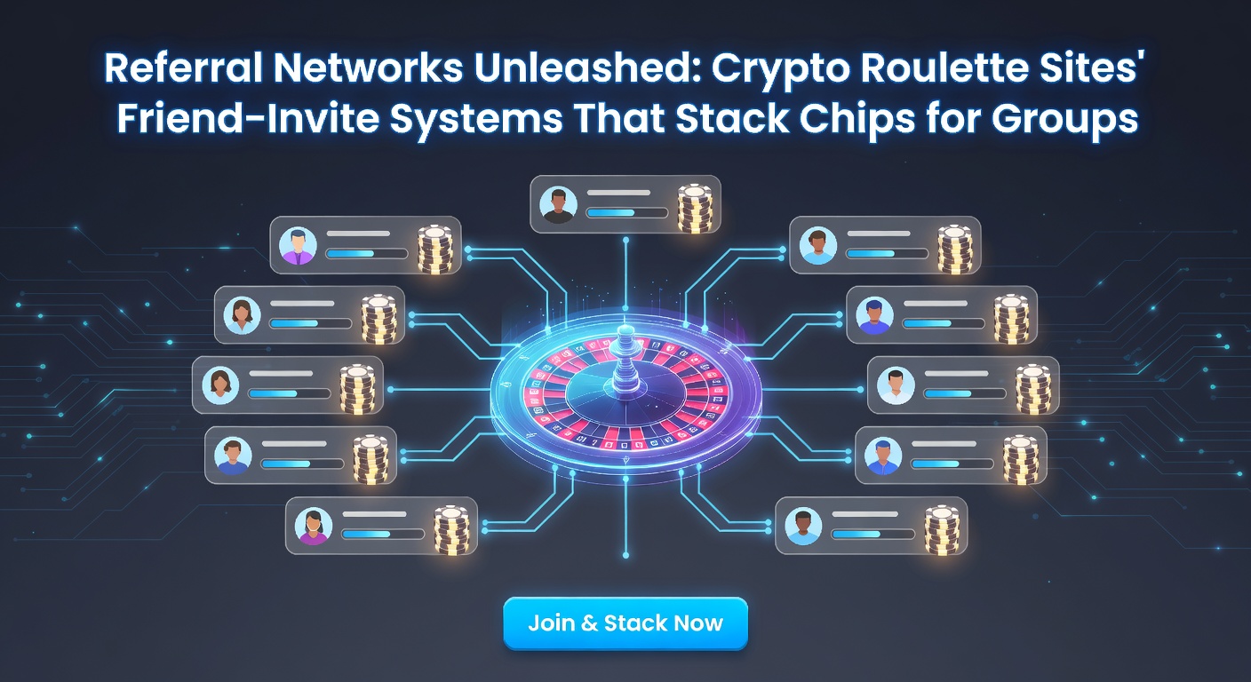 Gruppe von Spielern teilt Referral-Codes auf Crypto-Roulette-Plattform, Stapel von virtuellen Chips im Hintergrund