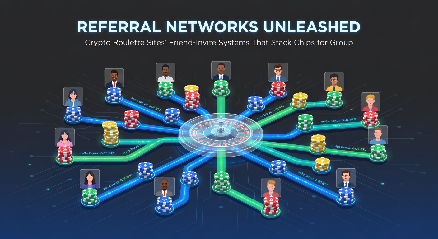 Visuelle Darstellung eines wachsenden Referral-Netzwerks mit verzweigten Verbindungen und steigenden Chip-Stapeln auf einer Crypto-Roulette-Plattform